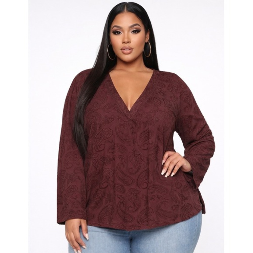 Les Serein Laurie V Neck Knit Top Women 3X Brown Burgundy Paisley‎ NWT